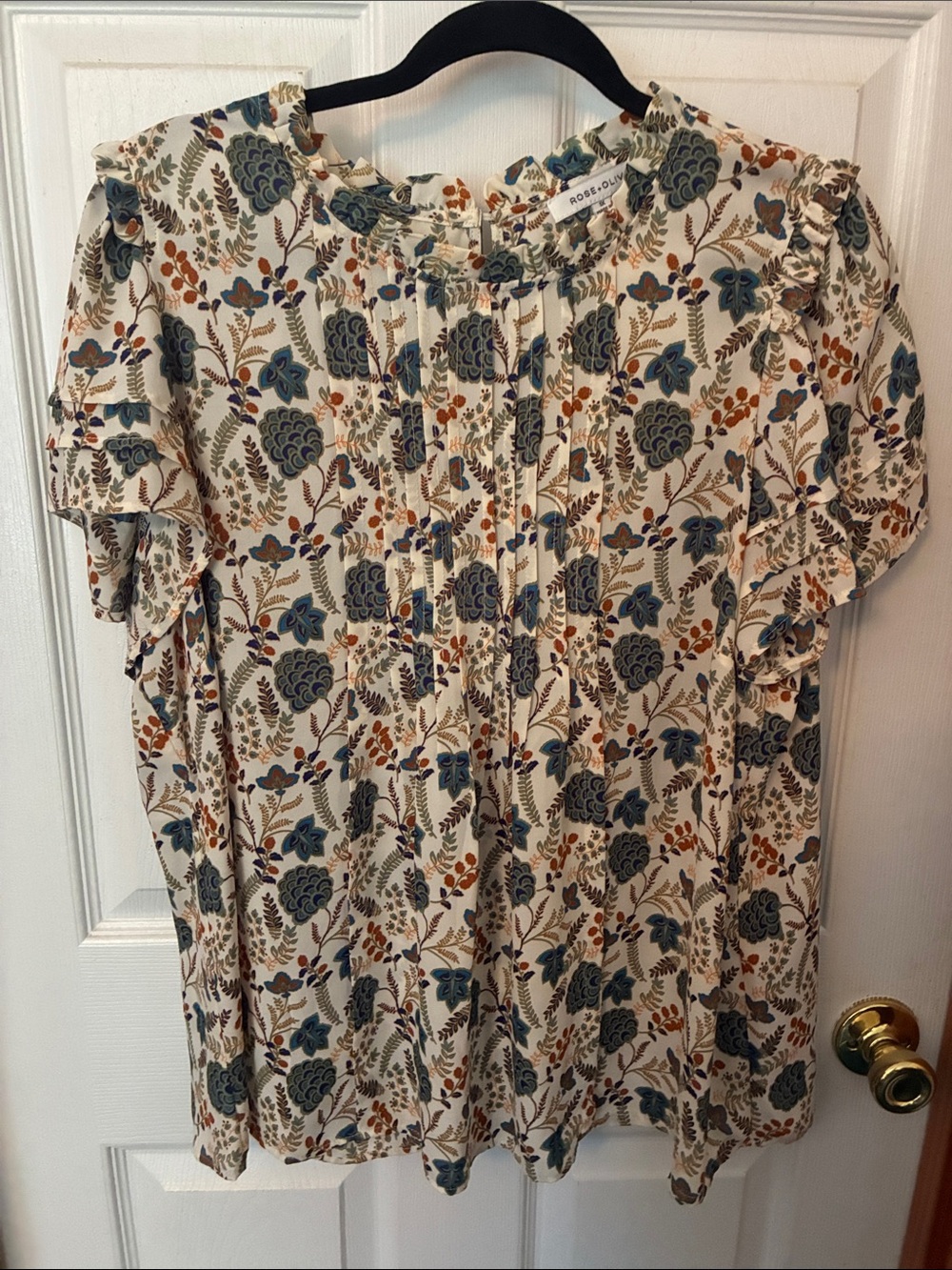 Rose & Olive Cream Blouse with Blue and Rust Floral Print